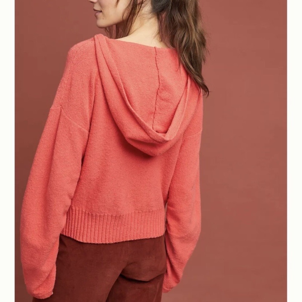 Moth Anthropologie Knit Hoodie Sweater Coral Orange Pointelle Cotton Blend L - Picture 2 of 7